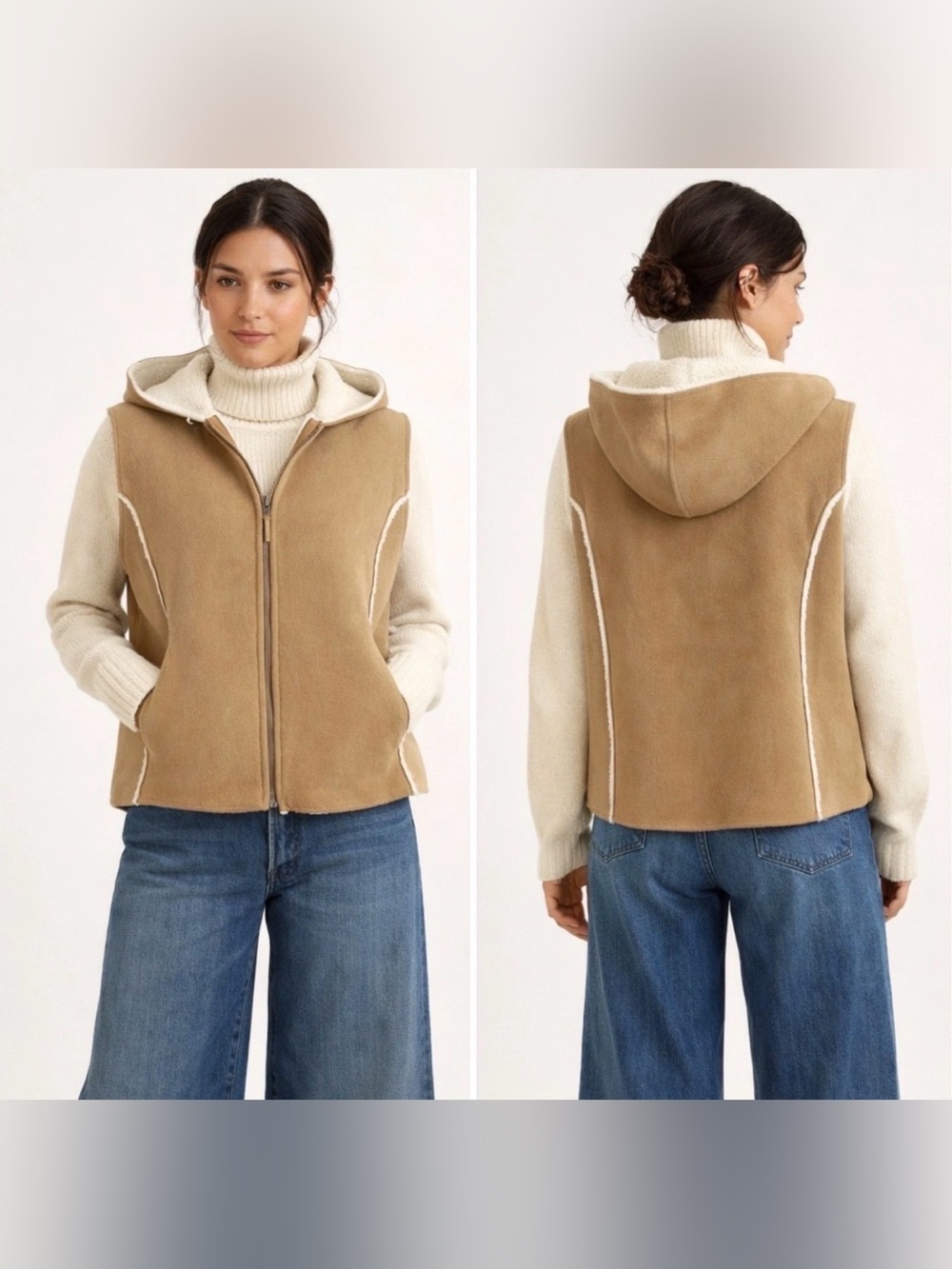 Ralph Lauren Tan Hooded Shearling Vest with Cream Trim